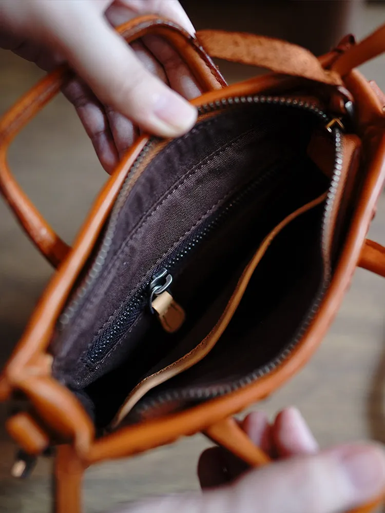 Vintage Coffee Leather Braided Vertical Handbag Women Crossbody Vertical Tote Purse for Women