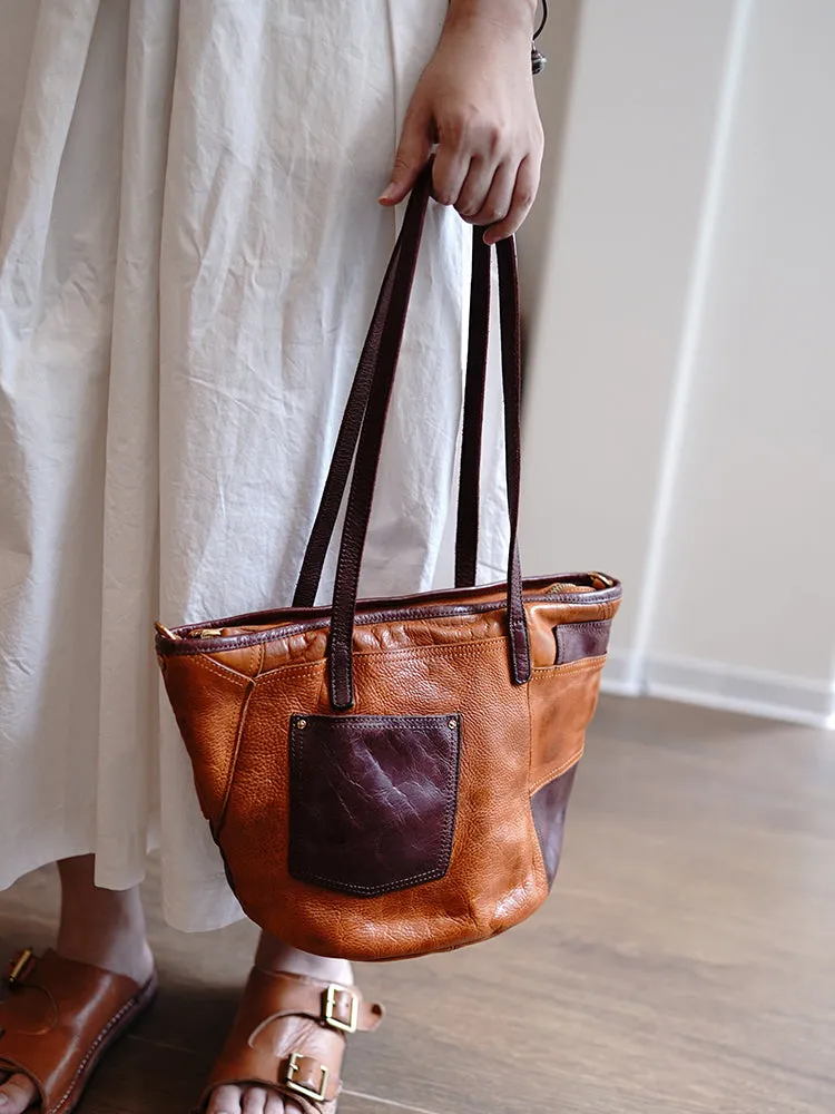 Vintage Coffee Leather Stitching Style Shoulder Tote Women Tote Handbag for Women