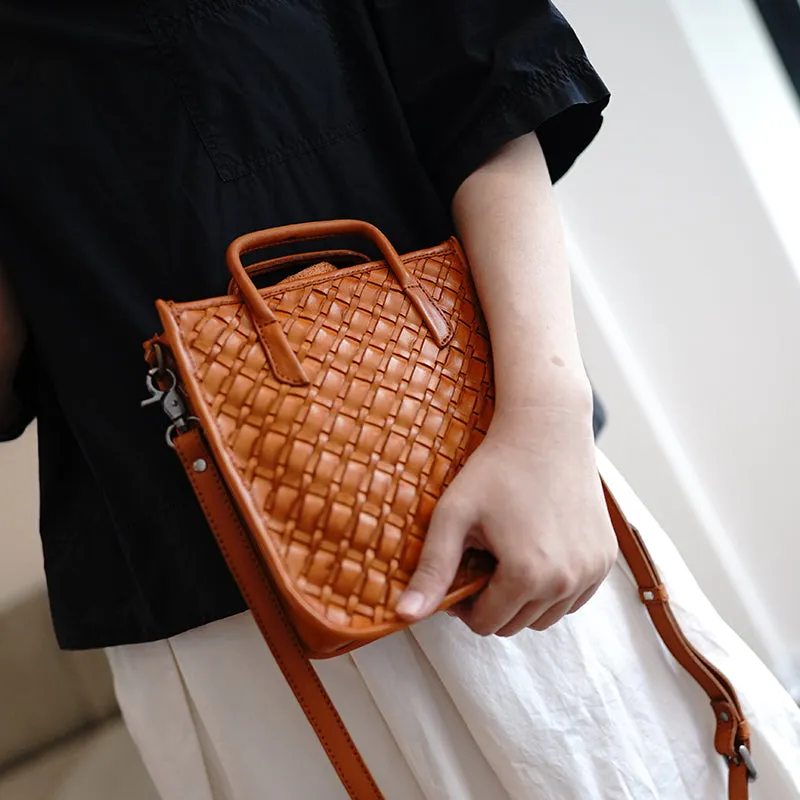 Vintage Leather Braided Vertical Handbag Women Crossbody Vertical Tote Purse for Women