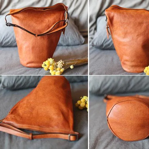 Vintage Womens Brown Leather Shoulder Tote Bag Large Bucket Tote Barrel Tote Purse