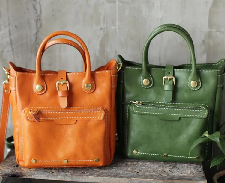 Vintage Womens Brown Leather Vertical Handbag Tote Green Satchel Purse Women's Shopper Handbags