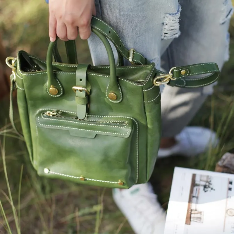 Vintage Womens Brown Leather Vertical Handbag Tote Green Satchel Purse Women's Shopper Handbags