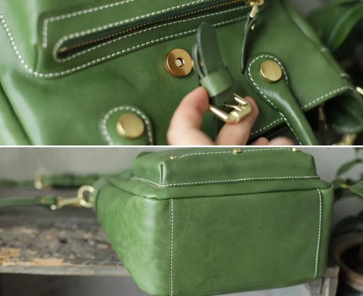 Vintage Womens Brown Leather Vertical Handbag Tote Green Satchel Purse Women's Shopper Handbags