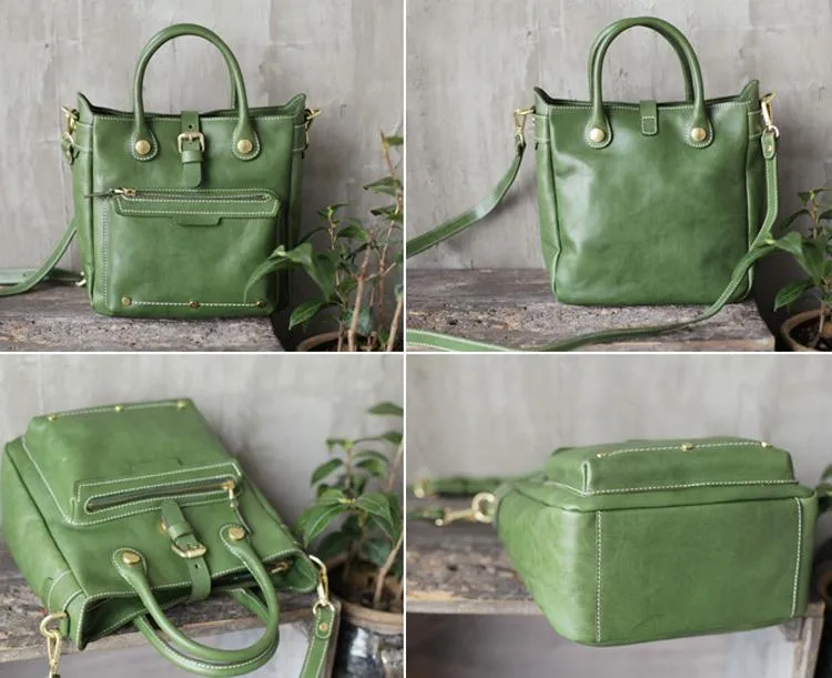 Vintage Womens Brown Leather Vertical Handbag Tote Green Satchel Purse Women's Shopper Handbags