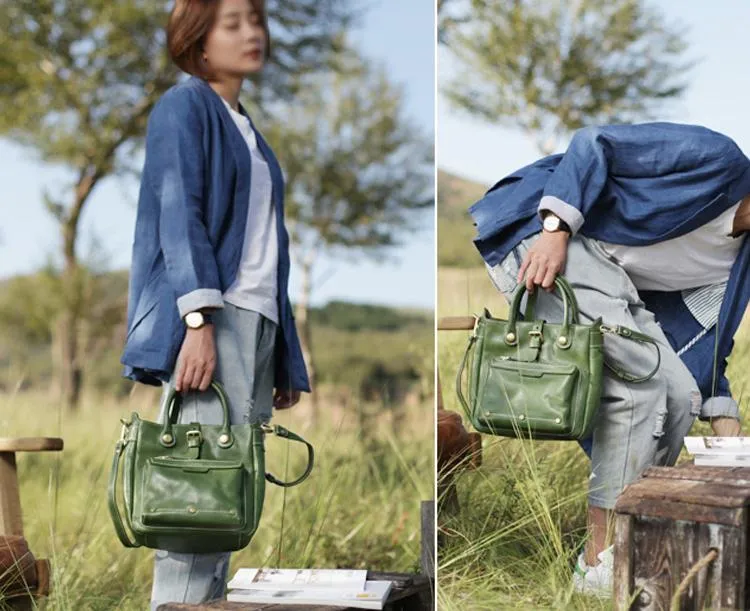 Vintage Womens Brown Leather Vertical Handbag Tote Green Satchel Purse Women's Shopper Handbags