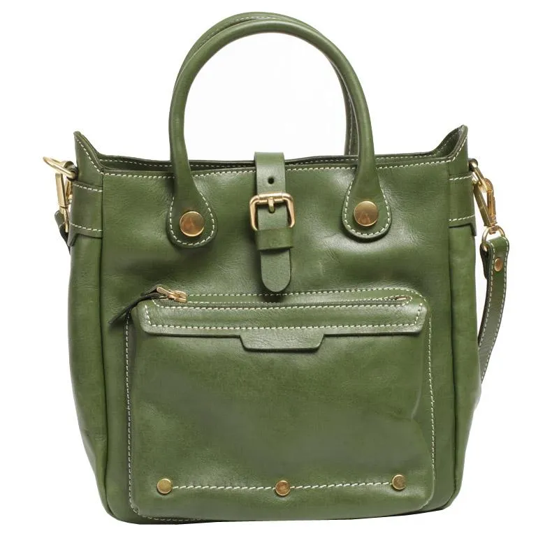 Vintage Womens Brown Leather Vertical Handbag Tote Green Satchel Purse Women's Shopper Handbags