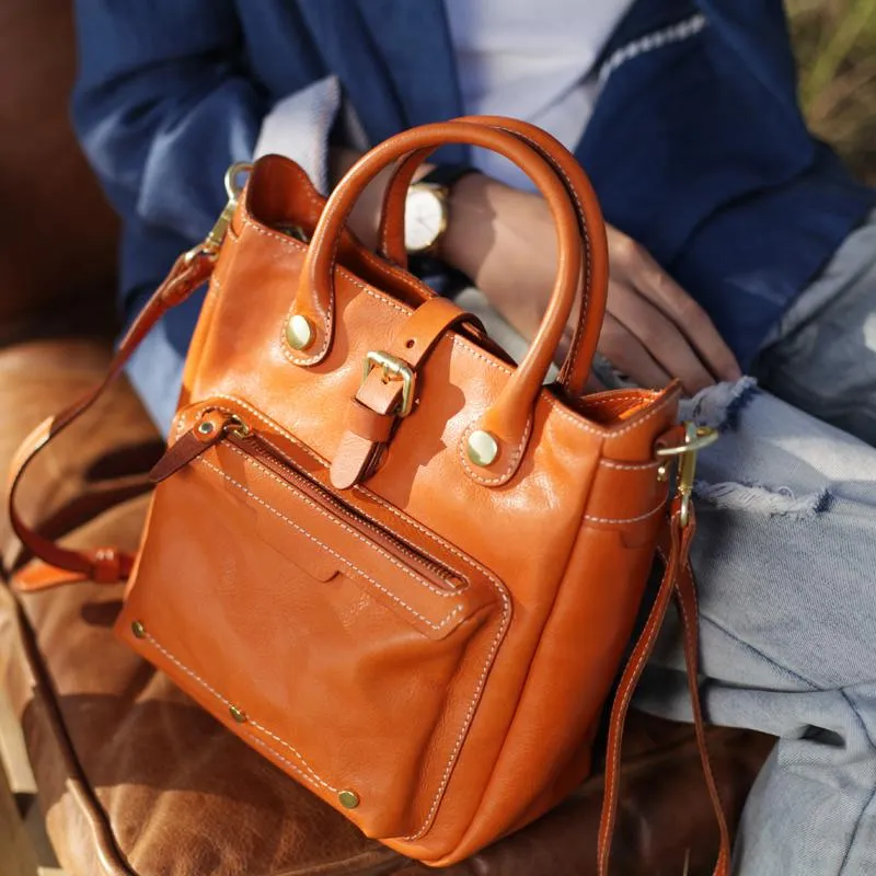 Vintage Womens Brown Leather Vertical Handbag Tote Green Satchel Purse Women's Shopper Handbags