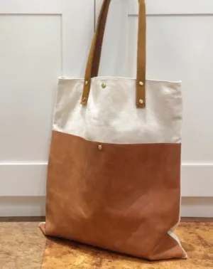 White&Brown Canvas Tote Bag Canvas Leather Handbag Womens Canvas Leather Totes Bag for Men