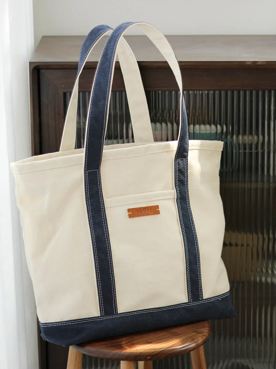 Women White&Blue Two Tone Canvas Tote Bags Large Canvas Tote Bag Women