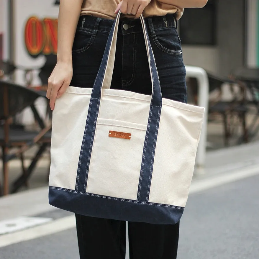 Women White&Blue Two Tone Canvas Tote Bags Large Canvas Tote Bag Women