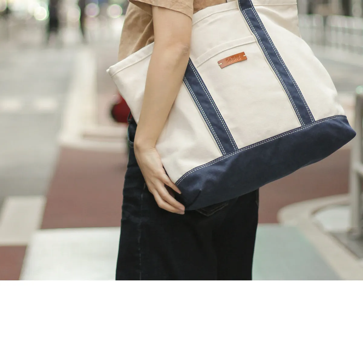 Women White&Blue Two Tone Canvas Tote Bags Large Canvas Tote Bag Women