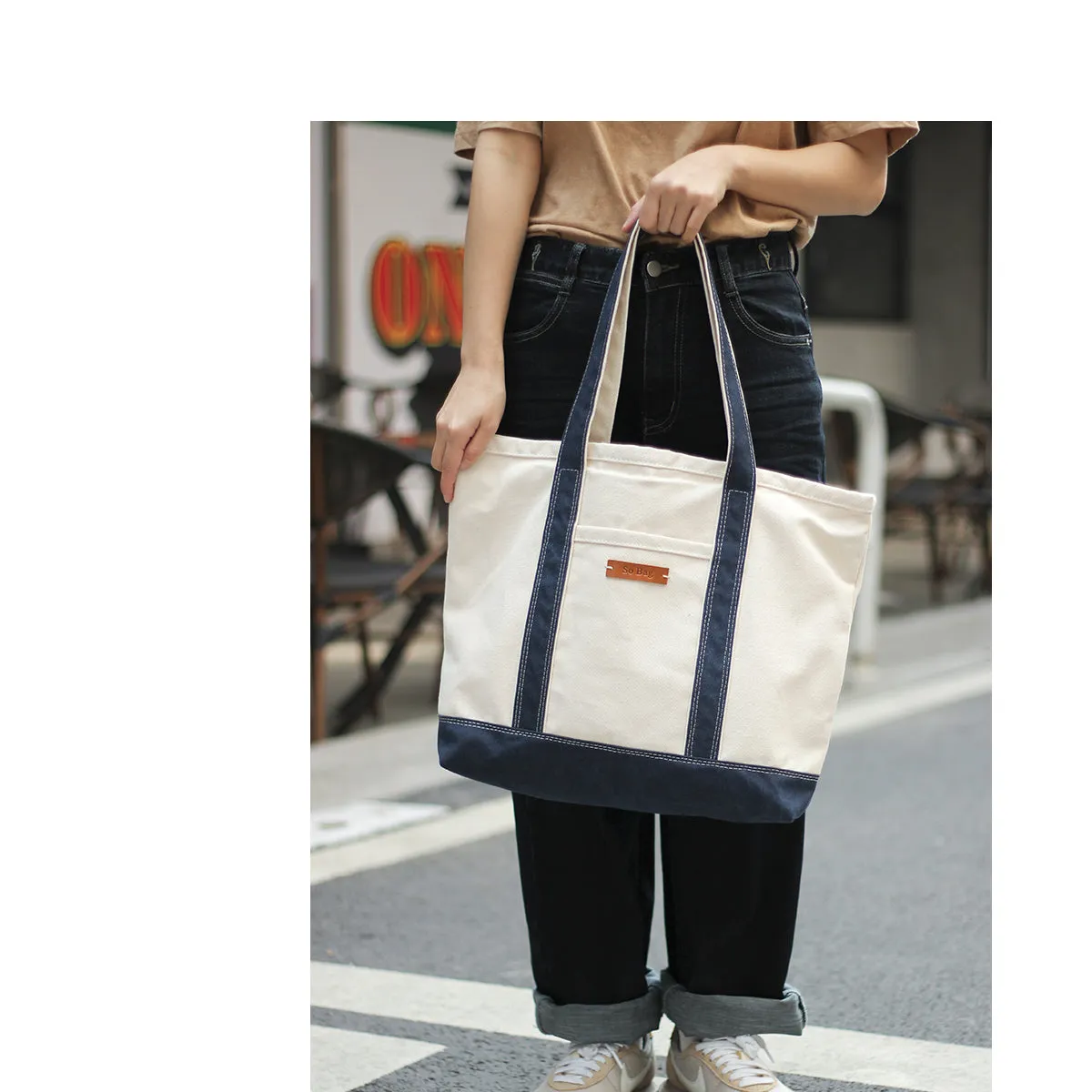 Women White&Blue Two Tone Canvas Tote Bags Large Canvas Tote Bag Women