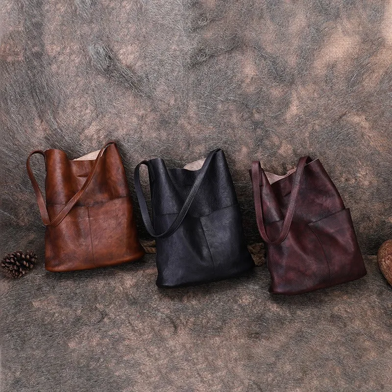 Womens Brown Leather Tote Bags Vertical Womens Handbag Shopper Bag Purse for Ladies