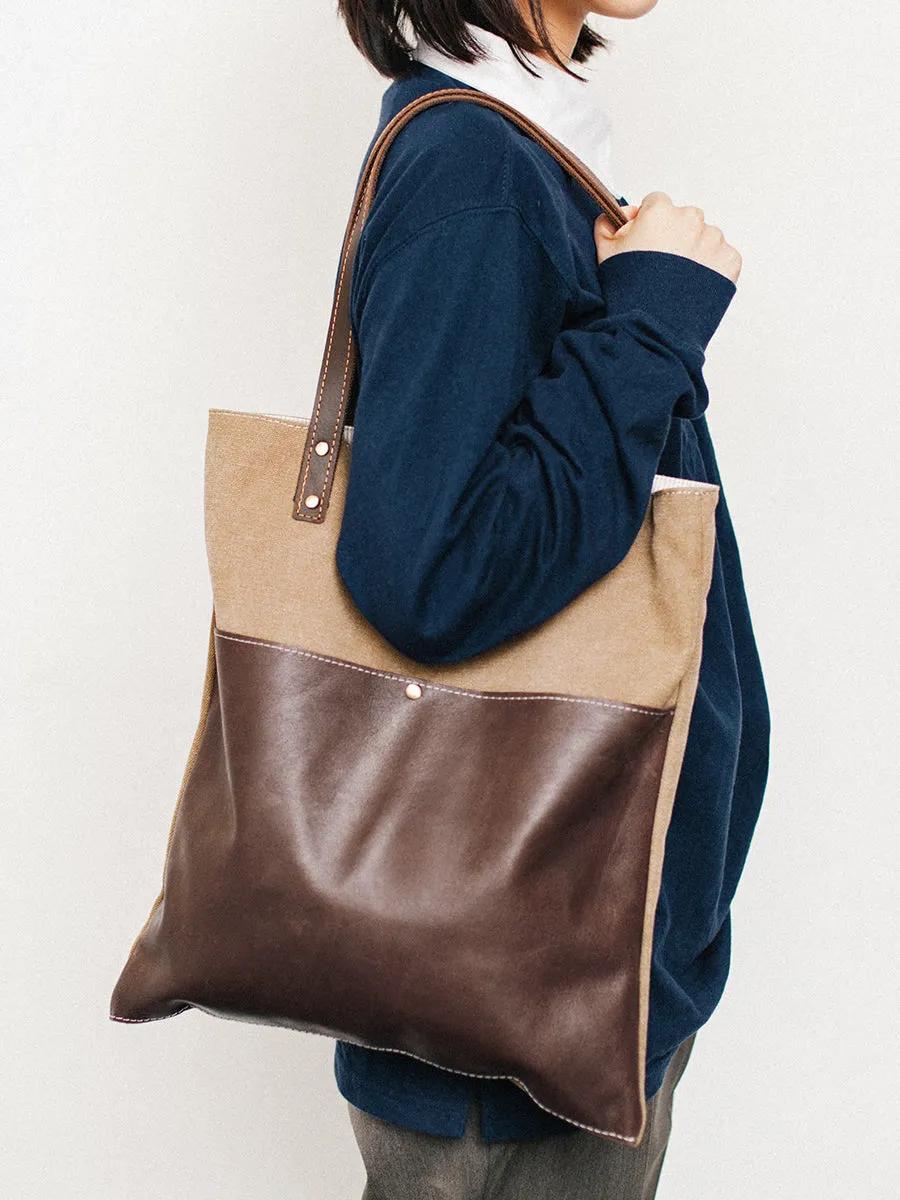 Womens Canvas Leather Tote Bag With Leather Handles Khaki&Coffee Canvas Leather Handbags