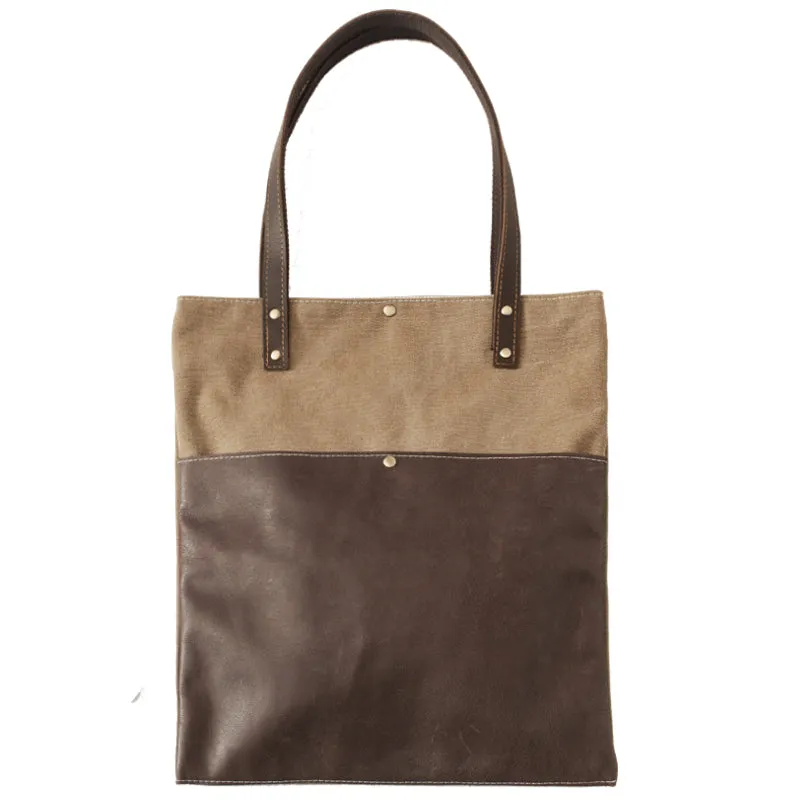 Womens Canvas Leather Tote Bag With Leather Handles Khaki&Coffee Canvas Leather Handbags