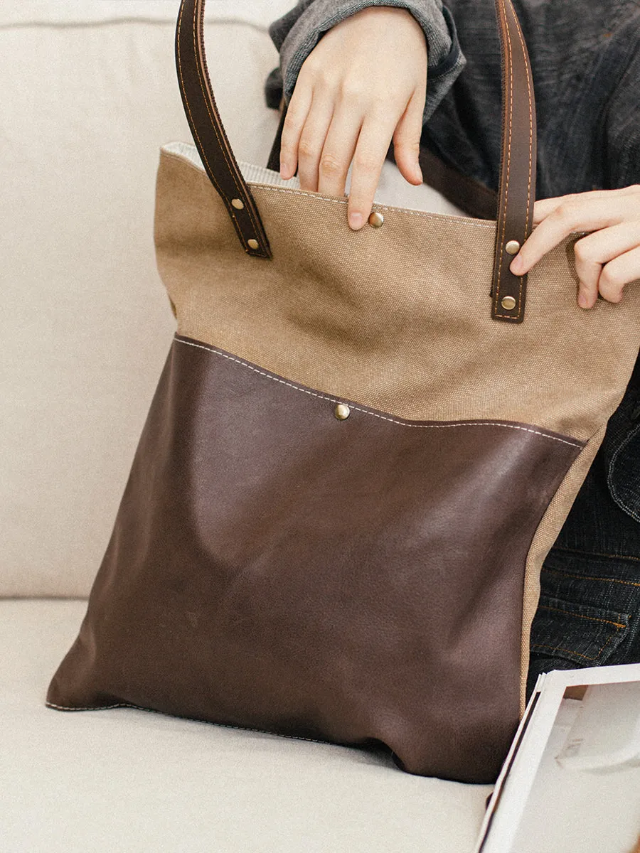 Womens Canvas Leather Tote Bag With Leather Handles Khaki&Coffee Canvas Leather Handbags