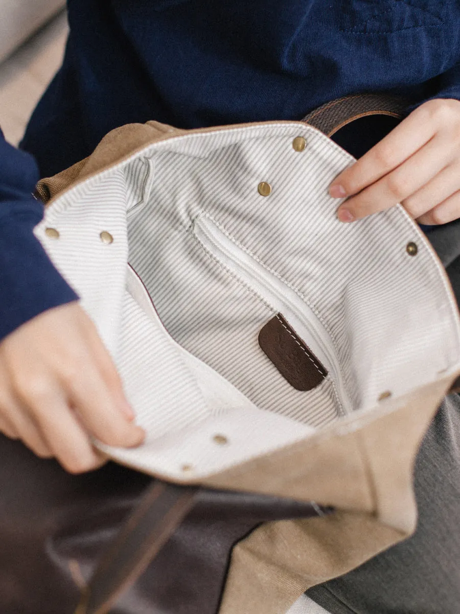 Womens Canvas Leather Tote Bag With Leather Handles Khaki&Coffee Canvas Leather Handbags