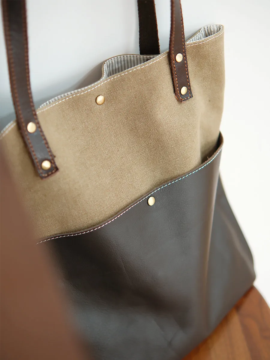 Womens Canvas Leather Tote Bag With Leather Handles Khaki&Coffee Canvas Leather Handbags
