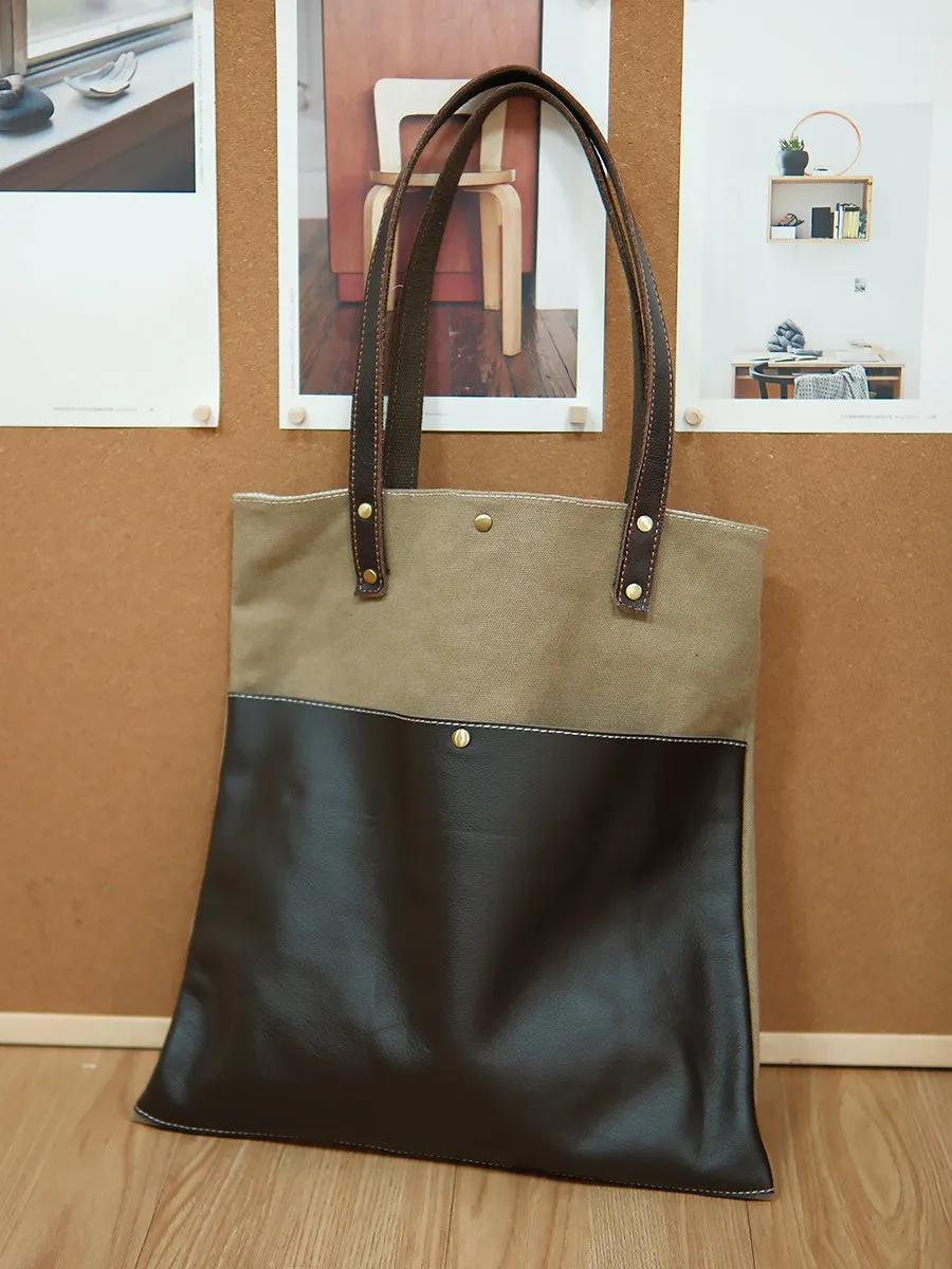 Womens Canvas Leather Tote Bag With Leather Handles Khaki&Coffee Canvas Leather Handbags