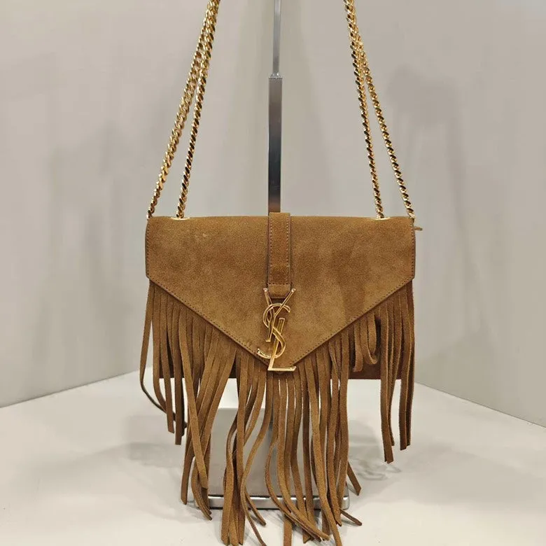 YSL Monogram Fringed Suede Shoulder Bag Brown