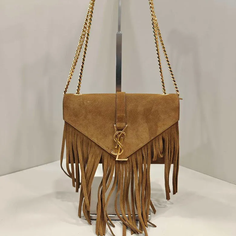 YSL Monogram Fringed Suede Shoulder Bag Brown
